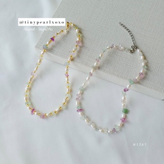 สร้อยหิน หินโทนสีเขียวฟ้า x ไข่มุกแท้ หินฟลูออไรท์ Fluorite สร้อยสายฝอ Lovely Stone Tinypearlxoxo N1261