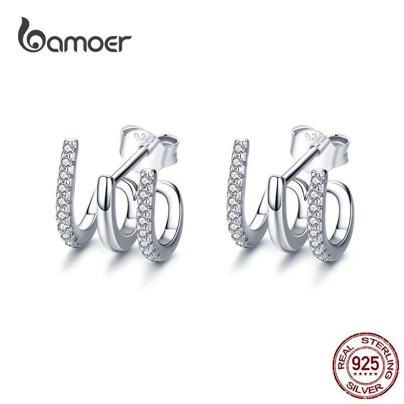 Bamoer แท้ 925 เงินสเตอร์ลิง Sliver Twist ต่างหูแฟชั่น CZ ผู้หญิงอุปกรณ์เสริม SCE585