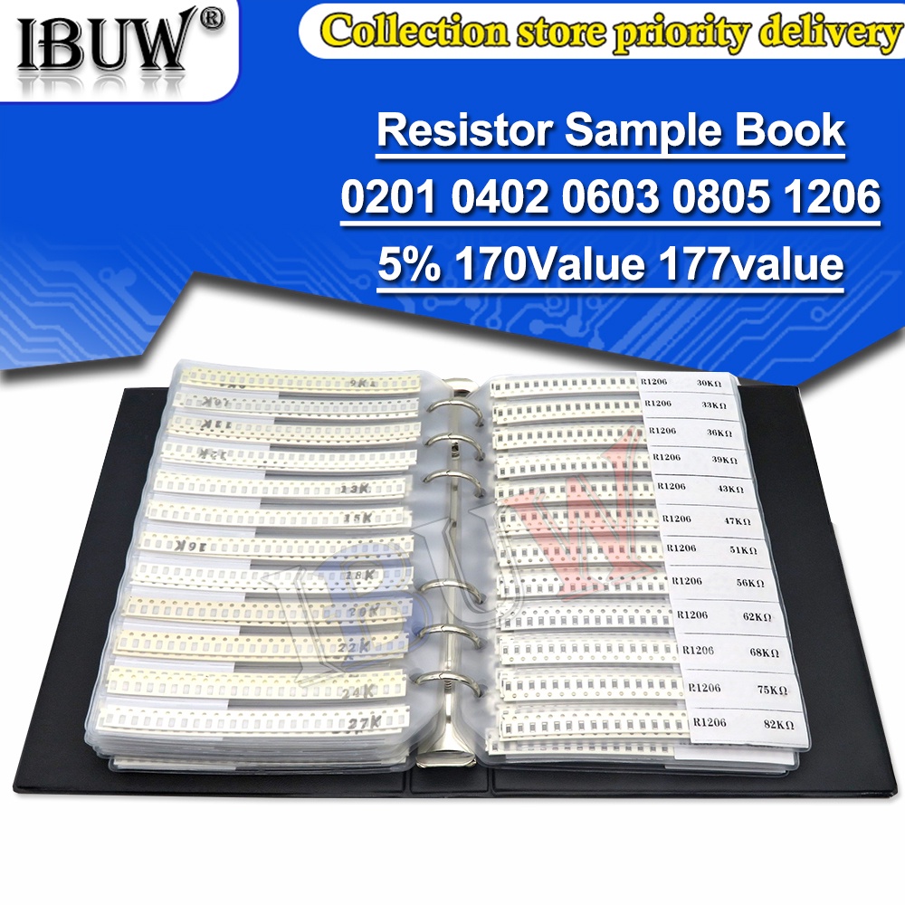 ชุดตัวอย่างหนังสือ 8850 ชิ้น 0201 0402 0603 0805 1206 ibuw 5% SMD 10K 100K 1K 1R 100R 220R 4250 ชิ้น