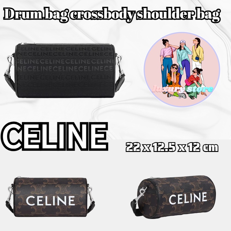 CELINE Celine/สายสะพายไหล่ปรับระดับได้และถอดออกได้/ปิดซิป/พิมพ์โลโก้ หนังลูกวัว/กระเป๋าดรัม/กระเป๋าส