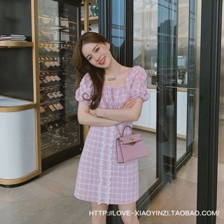 ชุดเดรส‼️พร้อมส่ง 💕New korea design -งานนำเข้า พร้อมส่ง- Sweet pink scott dress มินิเดรสลายสก็อตสีชมพูหวานๆ