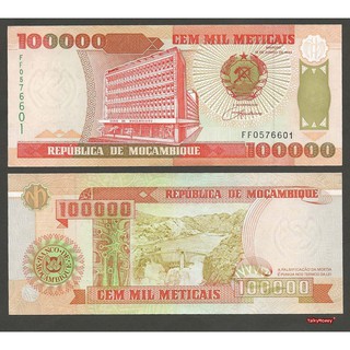 ธนบัตรประเทศ โมซัมบิก Mozambique ราคา 100,000 เมติไค รุ่นปี 1991 P-139 สภาพใหม่เอี่ยม 100% UNC ไม่ผ่านการใช้ สำหรับสะสม