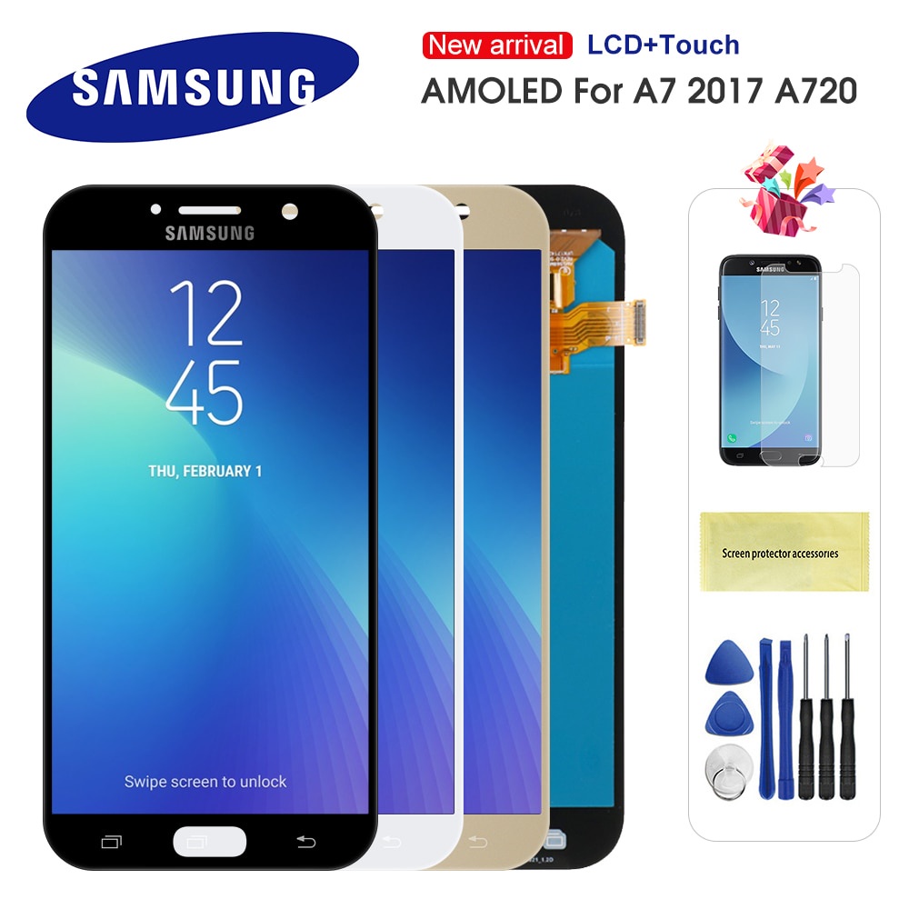 Super AMOLED LCD สําหรับ Samsung Galaxy A7 2017 A720 A720F A720M LCDs Touch Screen Digitizer Assembl