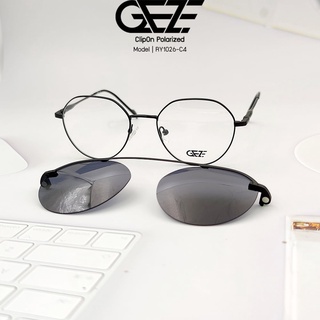 กรอบแว่นสายตา GEZE Clip-On รุ่น RY1026-C4 เต็มกรอบสีเทาเข้ม คลิปออนแม่เหล็ก เลนส์กันแดด Polarized