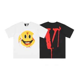 เสื้อยืด❇️High Street❇️ vlone broken smiling face big V printing short-sleeved t-shirt for men and women cou