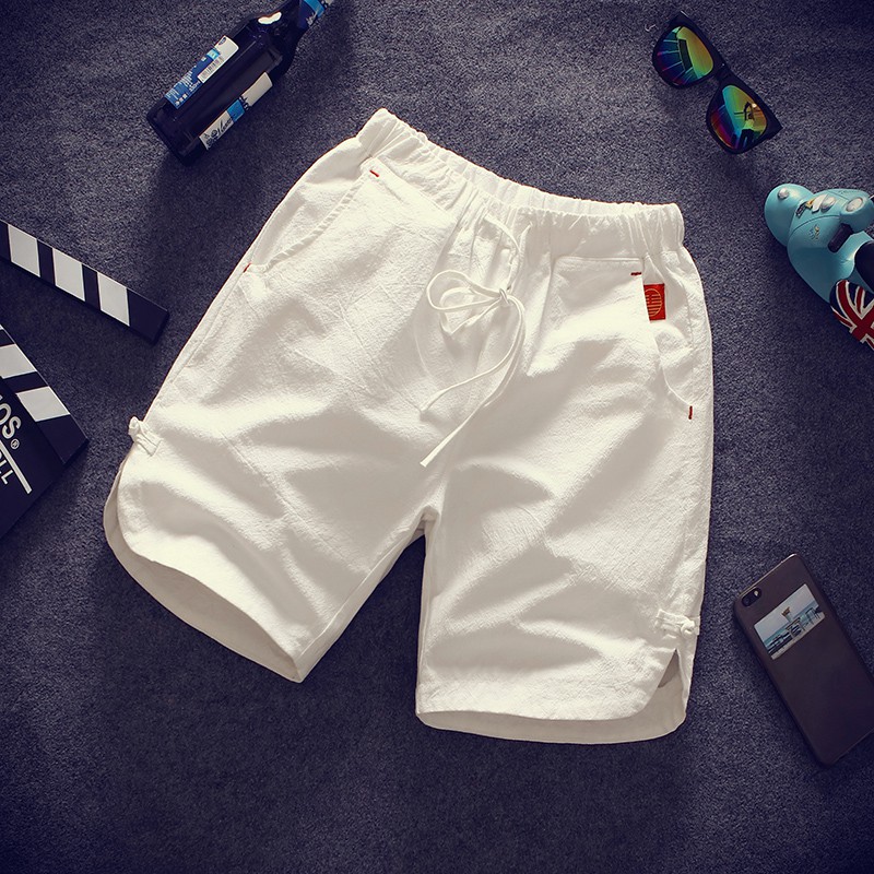 XINXIN กางเกงขาสั้นผ้าฝ้ายผสมผู้ชายทรงขาสั้นสีขาว