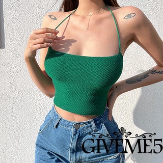 GIVEME-Women Summer Knitted Tank Tops Solid Color Back Tie-Up Halter Vest Fashion Wild Backless Crop Tops