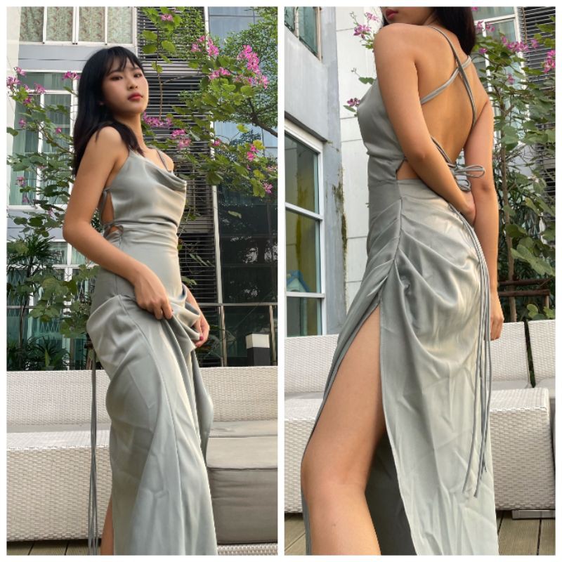 Ey_shop688​ พร้อมส่ง​ #311#ชุดเดรสสสายเดี่ยว #ผ้าซาตินอีตาลี #เดี่ยวสายไขว้ข้างหลัง