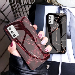 เคสโทรศัพท์มือถือ กระจกนิรภัย ขอบซิลิโคนนิ่ม ลายหินอ่อน สําหรับ Samsung Galaxy M52 M32 A52S A03S A22 4G 5G M52