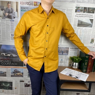 SHIRTFOLDING เสื้อเชิ้ต แขนยาวคอปก สีเหลือง มัสตาส / ส้มอิฐ กระดุมดำ