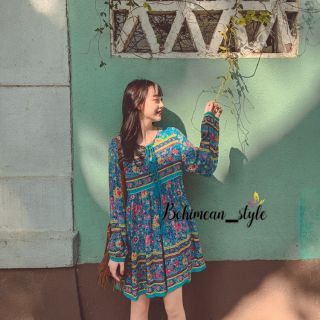 Mini Dress Bohemian ชุดเดรสสั้นผ้าพิมพ์ลายดอกไม้สไตล์โบฮีเมียน เดรสใส่ไปคาเฟ่ เสื้อผ้าแฟชั่นไปทะเล