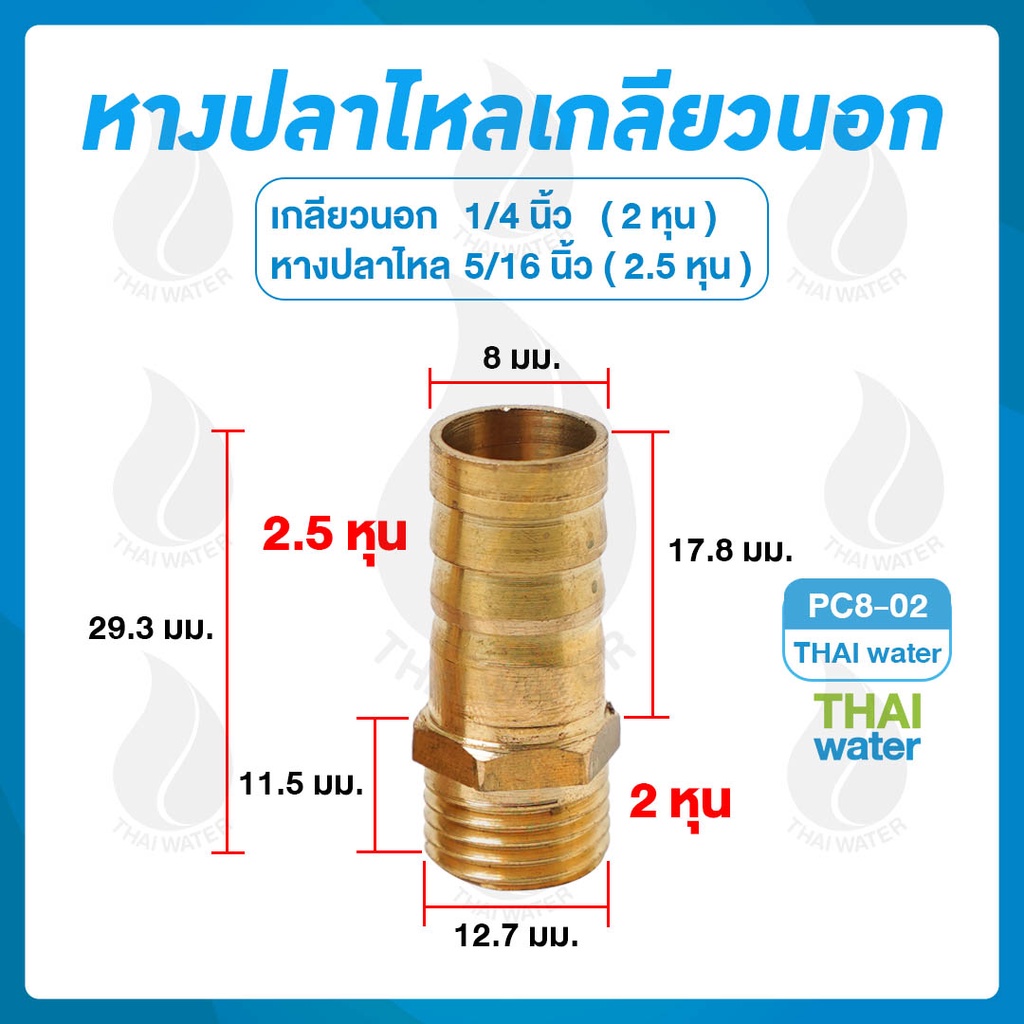 PC8-02 ข้อต่อทองเหลือง ข้อต่อทองเหลืองหางปลาไหลเกลียวนอก ( เกลียวนอก - เสียบสาย ) 1/4" x 5/16"