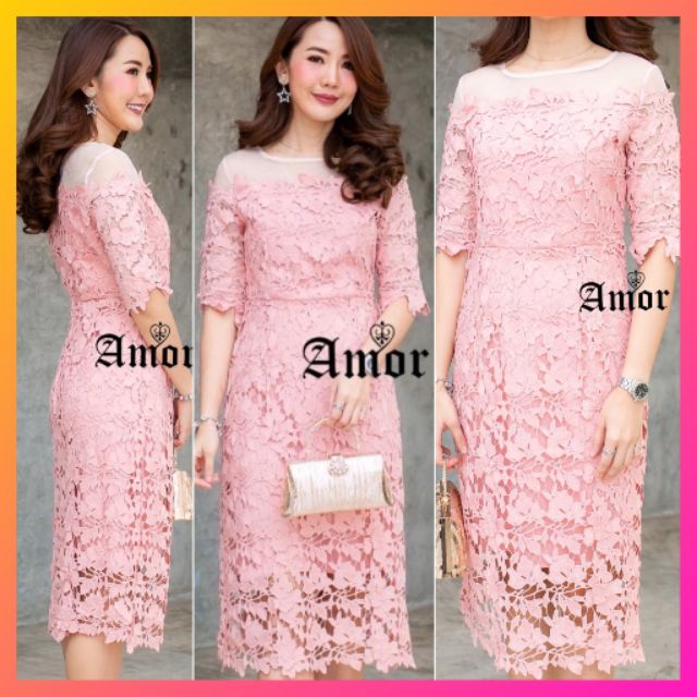 M - 3XL เดรสลูกไม้ งานป้าย ชุดเดรส ผู้หญิง ชุดออกงาน เดรสสาวอวบ ผู้ใหญ่ ทรงใหญ่ สีชมพู ทรงปล่อย ชุดก