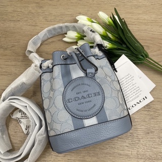 (ผ่อน0%) กระเป๋าสะพายข้าง ทรงบัตเกต COACH MINI DEMPSEY BUCKET BAG IN SIGNATURE JACQUARD C8322 MARBLE BLUE ลายซี สีฟ้า