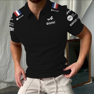 Alpine เสื้อโปโลลําลอง แขนสั้น คอปก มีซิป พิมพ์ลายรถแข่ง Alonso F1 Team Formula One Racing 3D สําหรับผู้ชาย