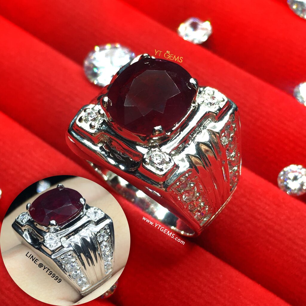 แหวนทับทิม สีเลือดนก ล้อมเพชร แหวนเงินแท้ ชุบทองคำขาว พลอยทับทิมแท้ YTG-11283