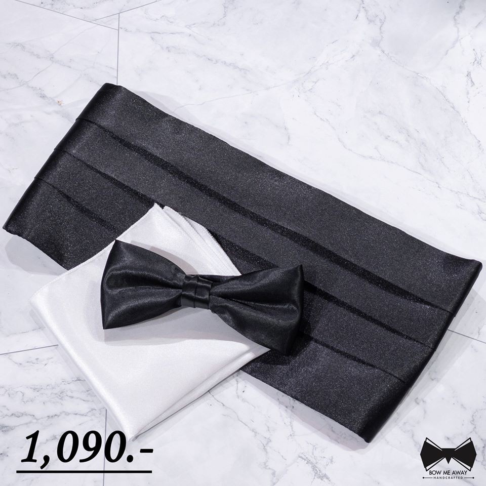 เซ็ทโบว์ไทดำ+ ผ้าเช็ดหน้าสูทขาว+ผ้าคาดเอวทักซิโด้-Black Silk Satin Bowtie+ Pocket square +Cummerbund