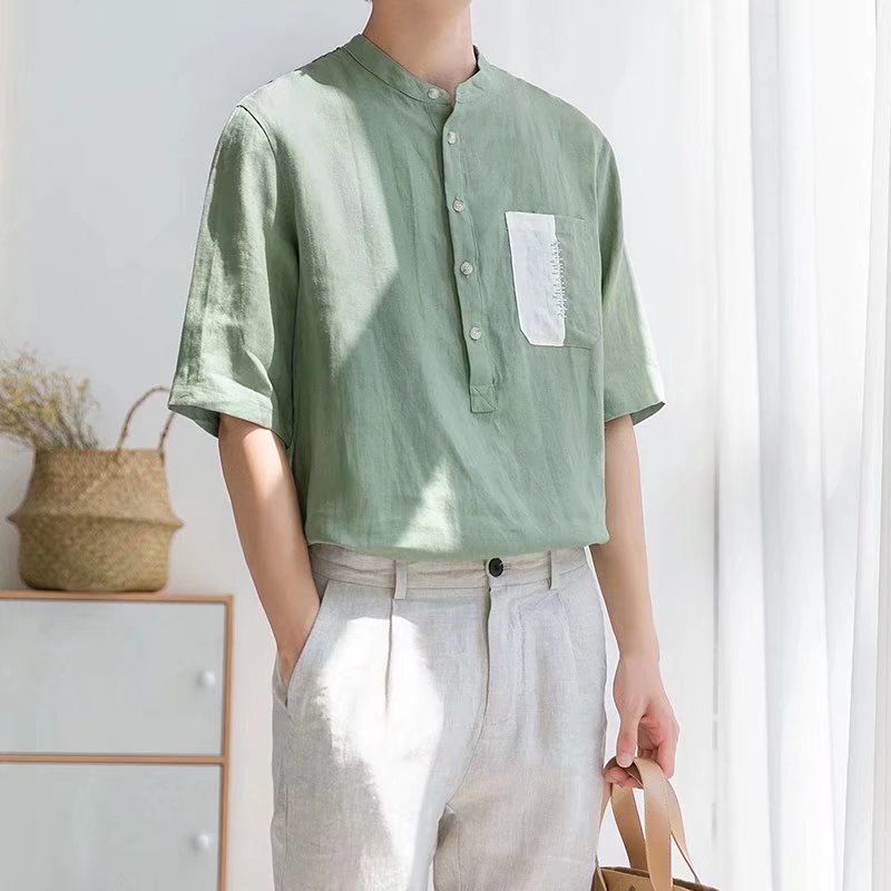 เสื้อเชิ้ตผ้าลินิน M-3XL Stand-Up Collar Half-Sleeve Mens Mid-Sleeve Small Fresh Pocket Pullover เสื้อยืดฤดูร้อนสบายๆ High-End ครึ่งแขนเวอร์ชั่นเกาหลี
