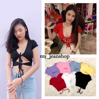เสื้อครอปผูกหน้าโชว์อก สายฝอ. สีแดงตรุษจีน เสื้อครอปขอบหยักผูกด้านหน้า เซ็กซี่เบาๆ แบรนด์BYKIM