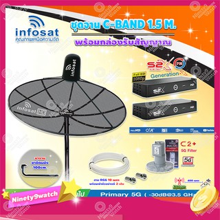 Infosat C-Band 1.5 เมตร (ขางอยึดผนัง 100 cm.Infosat) +LNB รุ่น C2+ (5G)+PSI รุ่น S2X (2 กล่อง)พร้อมสายRG6 ยาวตามชุด2เส้น