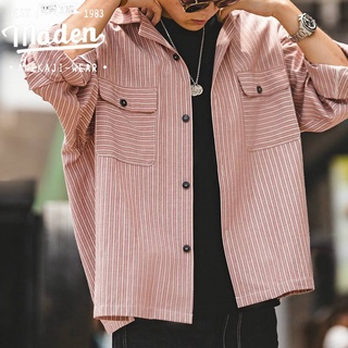 MADEN เสื้อเชิ้ตแขนยาวลําลอง คอวี ขนาดใหญ่ ลายทาง สีกากี แฟชั่นเรโทร สไตล์อเมริกัน