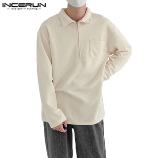 Incerun เสื้อเชิ้ตแฟชั่นสําหรับผู้ชาย 2 สีแขนยาวมีคอปกทรงหลวม