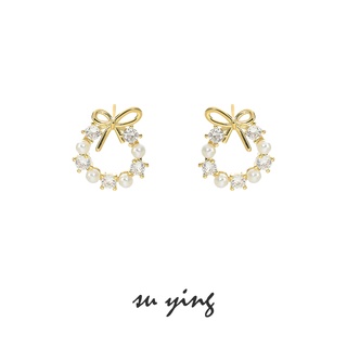 [SUYING] อารมณ์ พลอยเทียม มุก ต่างหู ins แฟชั่น โบว์ ต่างหูริบบิ้น เพชร เข็มเงิน ต่างหูไฮโปอัลเลอร์จีนิก