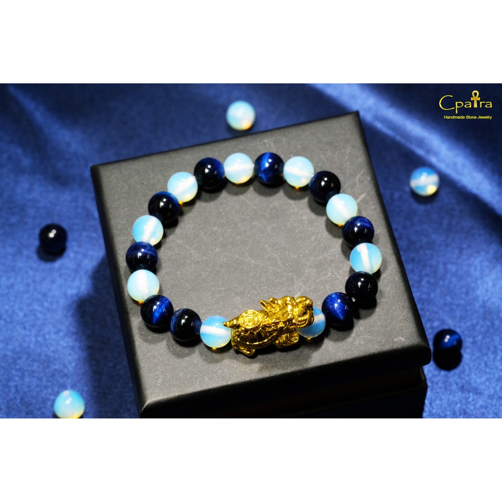 Magic & lucky stones กำไลหิน 8 มิล หินนำโชค Opalite x Blue tiger eye ปี่เซียะเต่า