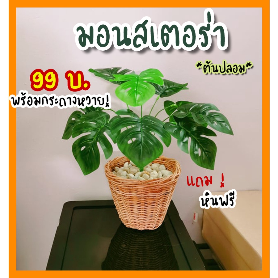 ชุดพร้อมตะกร้าหวาย ต้นมอนสเตอร่า ต้นไม้ปลอมสูง 32 ซม. แถม!หินฟรี