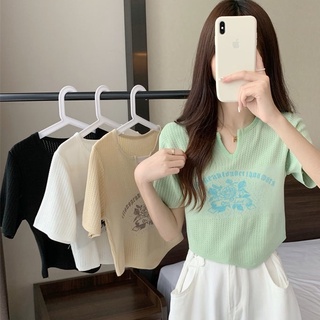 💗YUKI💗CF0547 เสื้อครอปไหมพรม เสื้อไหมพรมแขนสั้น(56063)