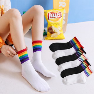 Casual Rainbow Striped Crew Socks Cotton Women Black White Mid Calf Girls Korean Style Autumn Sweet Colorful Tube Socks Fashion