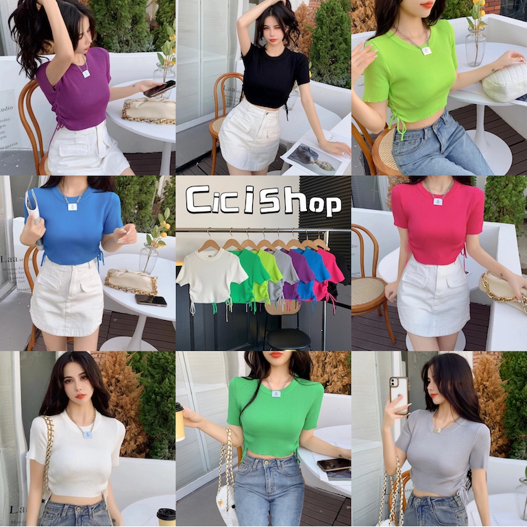 Cicishop(SALE/สุ่มสี A1172)Knit CropTop เสื้อครอปไหมพรมผ้าknit ดีเทลเชือกรูดข้าง ทรงเบสิคครอป