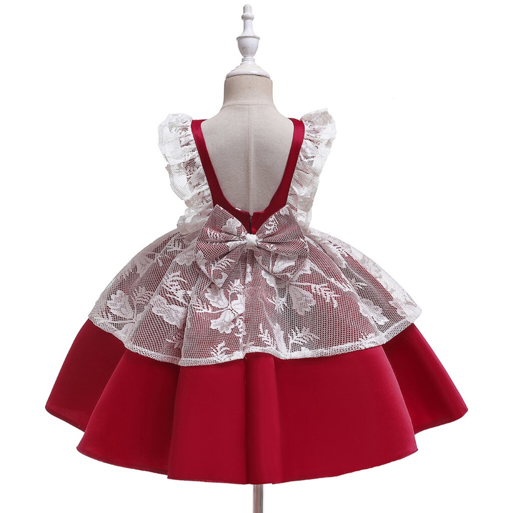 เสื้อผ้าเด็กผู้หญิง☄ชุดราตรีเด็ก Gd35251 พร้อมส่งชุดออกงานเด็กหญิงสีแดง ลูกไม้สีขาวน่ารัก ทรงสั้น ชุดเดรสเด็กหญิง