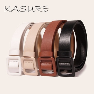 Kasure เข็มขัดหนัง PU หัวเข็มขัดสี่เหลี่ยม สีพื้น สไตล์วินเทจ สําหรับผู้หญิง