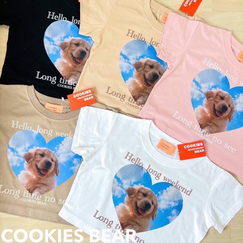 เสื้อยืดครอปสีขาว ลายน้องหมาหัวใจน่ารัก cookies bear