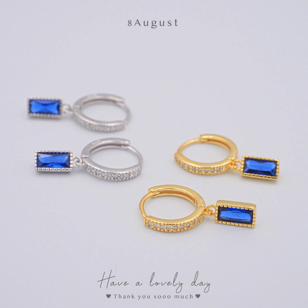 8August ต่างหูเงินแท้ ต่างหูห่วง ประดับเพชร 9 เม็ด ห้อยเพทายสีน้ำเงิน เรียบ หรู Hoop Earrings S925 9