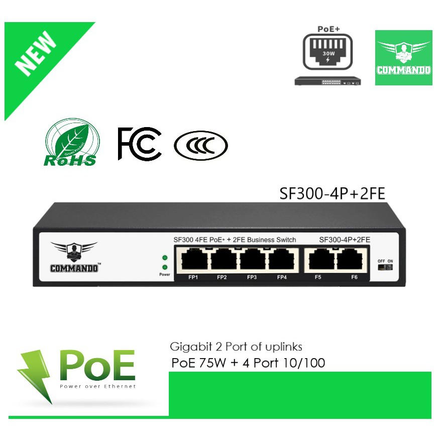 PoE Switch 4 10/100+2Port Uplink 75W. Commando