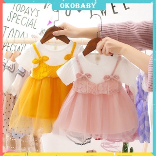 OKOBABY🌈พร้อมส่ง🌈ชุดเดรสแฟชั่นเด็กผู้หญิง กระโปรงผ้าก๊อซแขนสั้น น่ารักจัง เนคไทโบว์  0-4ปี