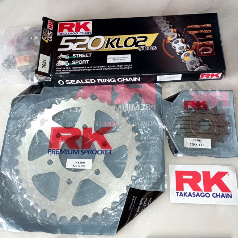 MODENAS PULSAR NS200 / RS200 RK SPROCKET SET (FRONT SPOKET + REAR SPOKET + RK520 O-Ring CHAIN (NORMA