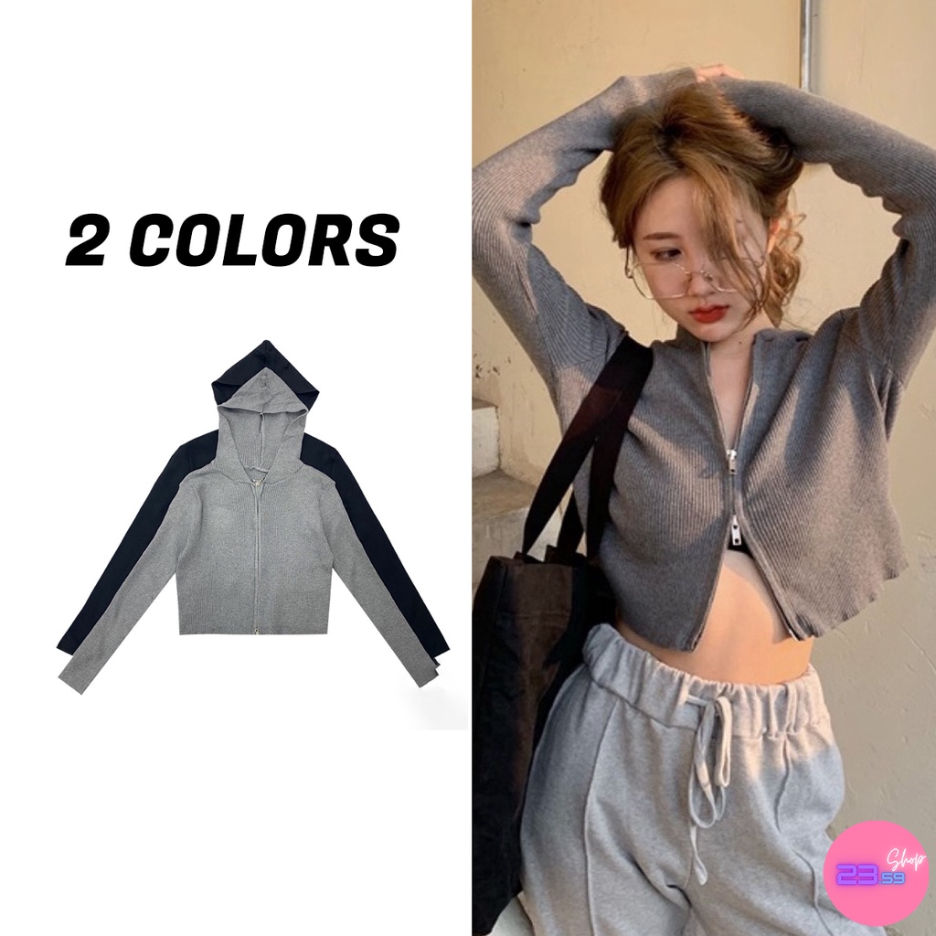 Sale80% เสื้อครอปไหมพรมแขนยาวมีฮู๊ด ซิปรูดได้ทั้งบนและล่าง 2 สี
