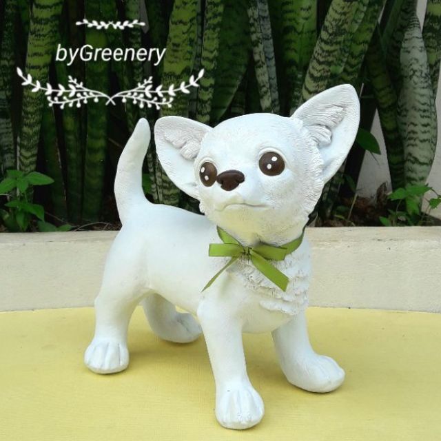 ตุ๊กตาเรซิ่นแต่งสวนรุ่น หมาน้อยชิวาว่า สีขาว สูง 26 ซม.