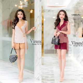 TW12989 Set เสื้อคอปก คาดเข็มขัด + กางเกงขาสั้น
