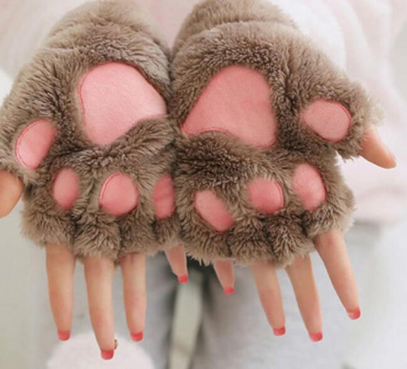 ถุงมือสั้น แบบครึ่งนิ้ว แต่งตุ๊กตาอุ้งเท้าแมวน่ารัก ให้ความอบอุ่น สําหรับผู้หญิง