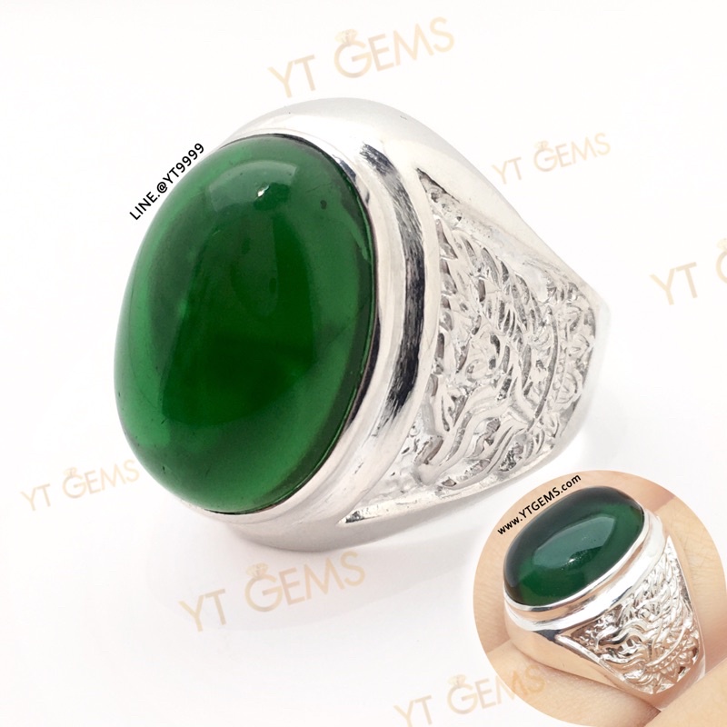 💥 แหวนมรกต แหวนครุฑ แหวนเงินแท้ ลายพญาครุฑ พลอยมรกต (CZ) YTG-10356