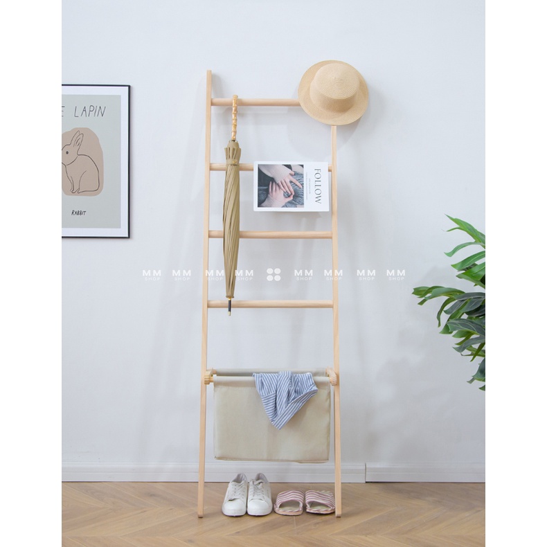 ราวตากไม้มีตะกร้าผ้า ราวแขวนพิงพนังไม้สไตล์มูจิ – โปรปัง