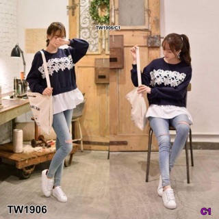 TwinsShopVip💗พร้อมส่ง TW1906 เสื้อแขนยาวทรงจั๊มเปอร์สกรีน ลายดอกกราฟฟิก ด้านหน้า เนื้อผ้าคอตอตอล