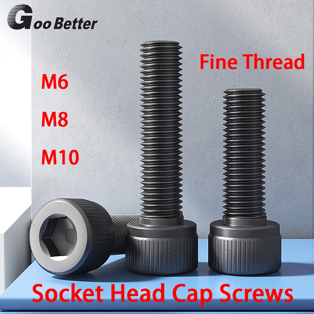 M6 M8 M10 High Tension 12.9 Fine Thread Socket Head Cap สกรู Allen Cap Bolts -Blacked P:0.75/1.0 มม.