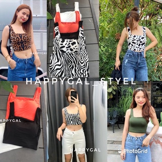 Happygal (ไม่บาง+มีฟองน้ำ)เสื้อครอปคอเหลี่ยม ผ้าเรยอน