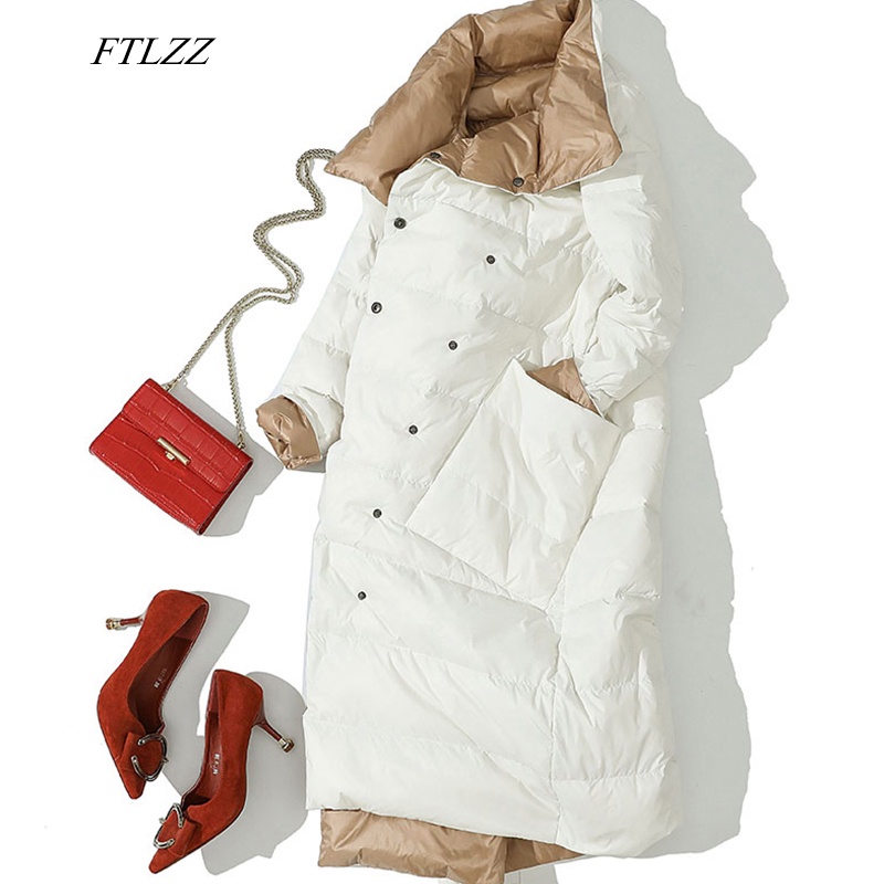 วินาทีFTLZZ Women Double Side Long Jacket Winter Ultra Light White Duck Down Parka Breasted  3xl Female Outwear #4