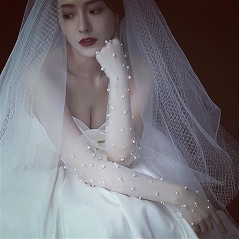 ถุงมือยาว ผ้าโปร่ง แบบบาง ผ้าตาข่าย แต่งลูกไม้ สีขาว แบบเรียบง่าย สําหรับเจ้าสาว